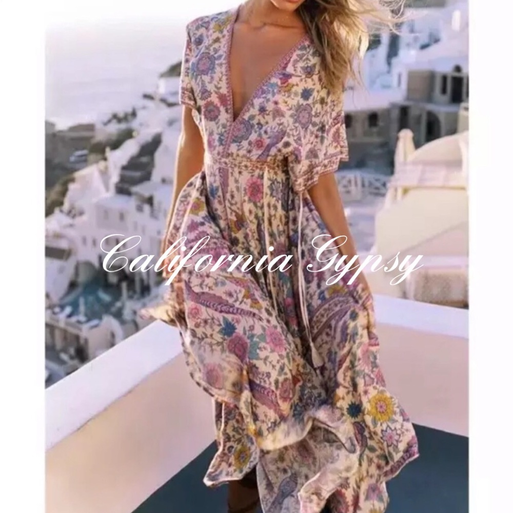 Boho Floral LoveBird Gypsy Print Maxi Long Dress - Picture 5 of 10